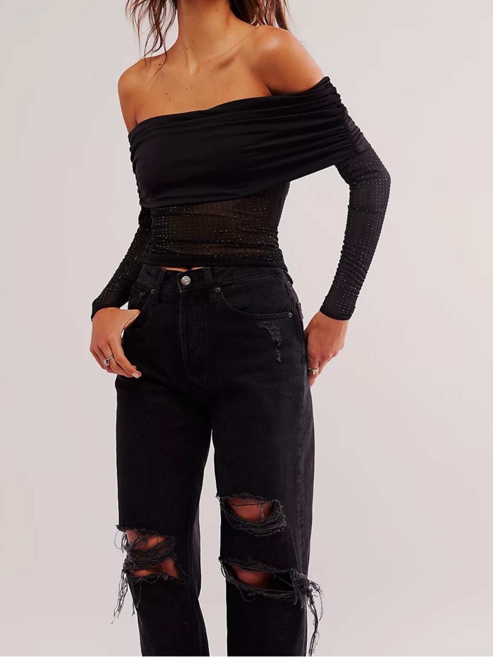 Off-Shoulder Black Sparkle Mesh Crop Top